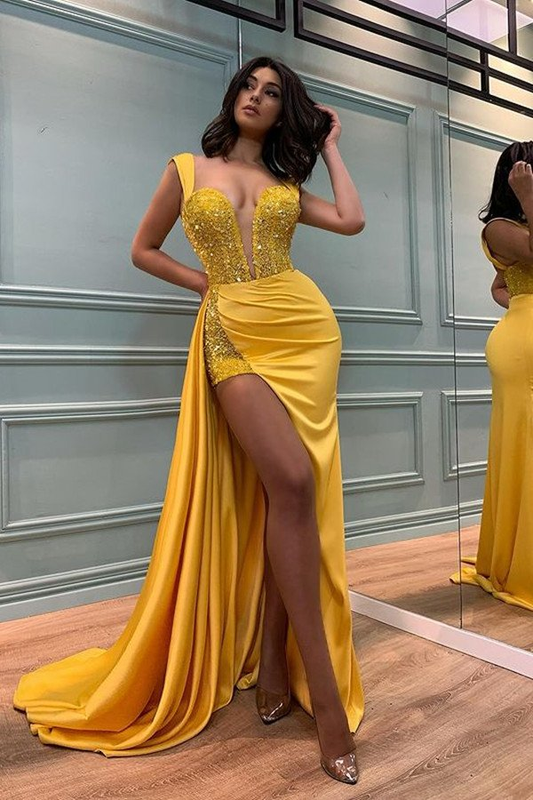 Chic Yellow Straps Mermaid Evening Dress SPlit WIth Sequins Appliques  gh1992