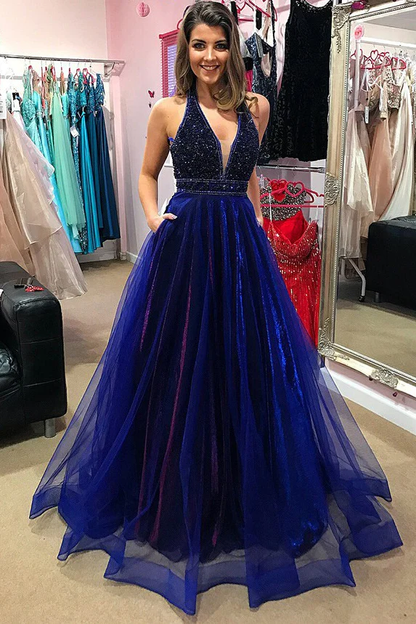 Modest Unique Royal Blue And Purple V-neck Beading Long Prom Dresses With Pockets gh2474