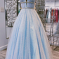 Light Blue Tulle V Neck Pearl Beaded Long Prom Dress, Evening Dress gh2162