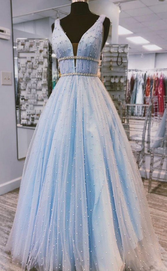 Light Blue Tulle V Neck Pearl Beaded Long Prom Dress, Evening Dress gh2162