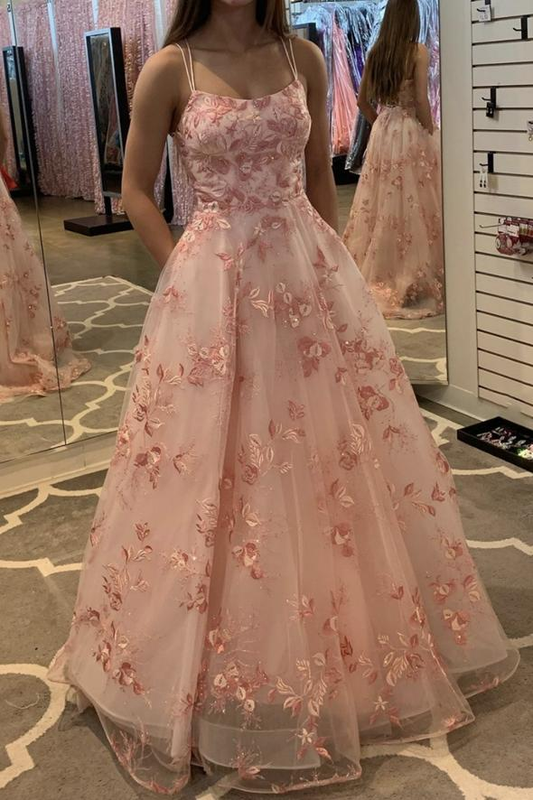 Robe de soirée longue en tulle rose et dentelle Robe de soirée trapèze gh2276
