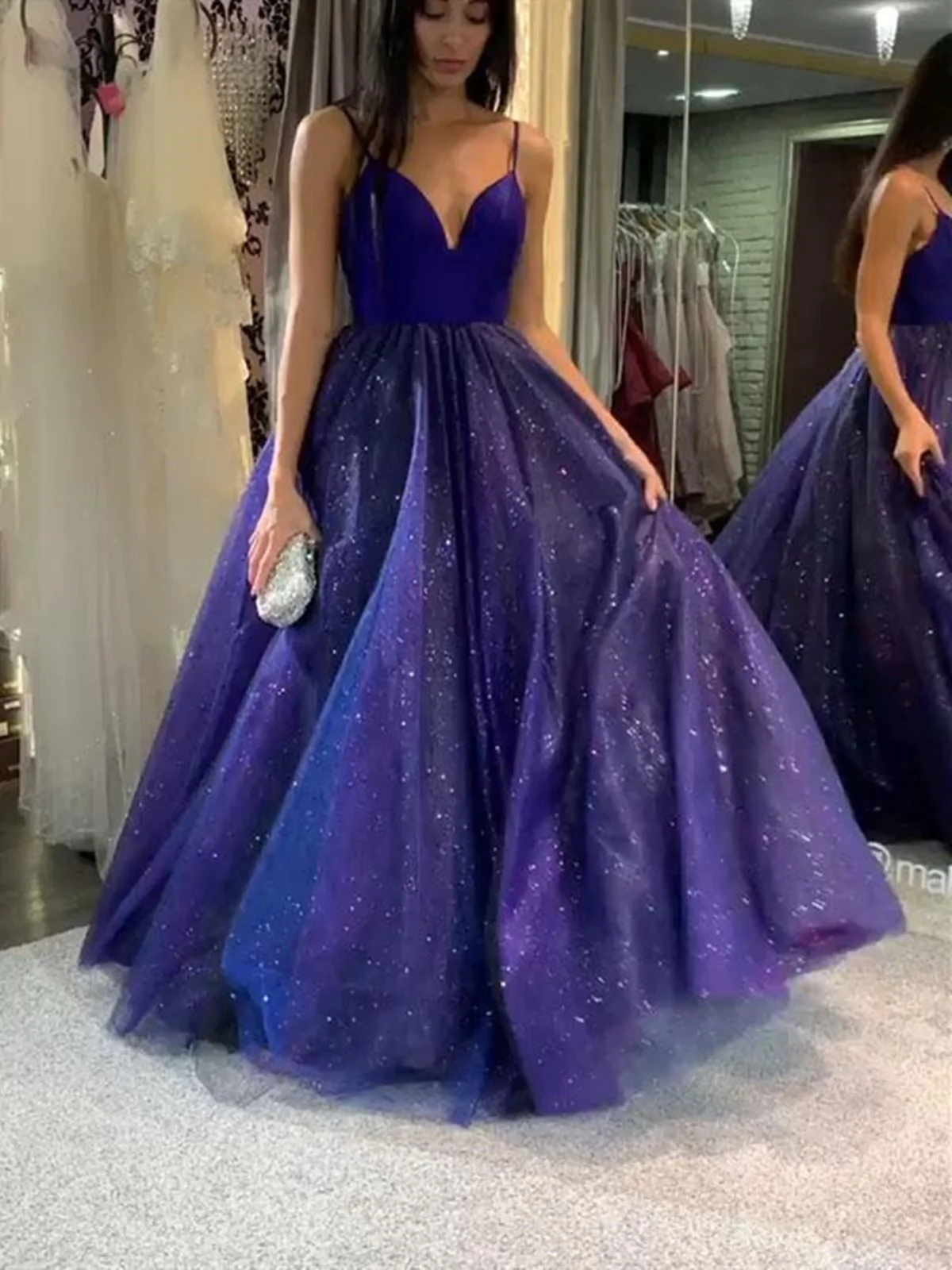 Shiny V Neck Blue Long Prom Dresses, Bling Bling Blue Long Formal Evening Dresses  gh2170