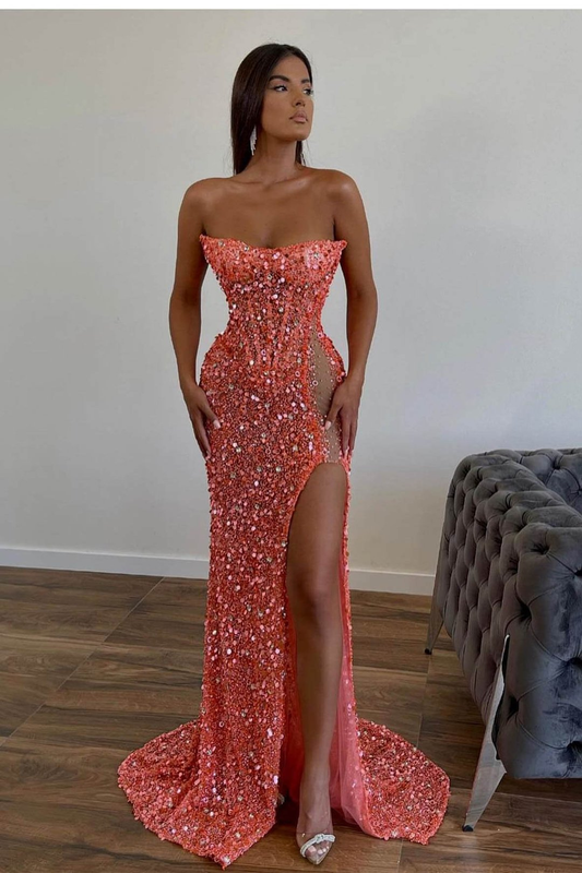 Orange Gorgeous Sequins Mermaid Sweetheart Prom Dress Split With Sleeveless  gh2049