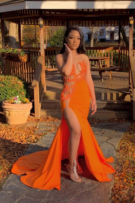 Jewel Sheer Sleeveless Appliques Orange Mermaid Prom Dresses with Side Split gh2425