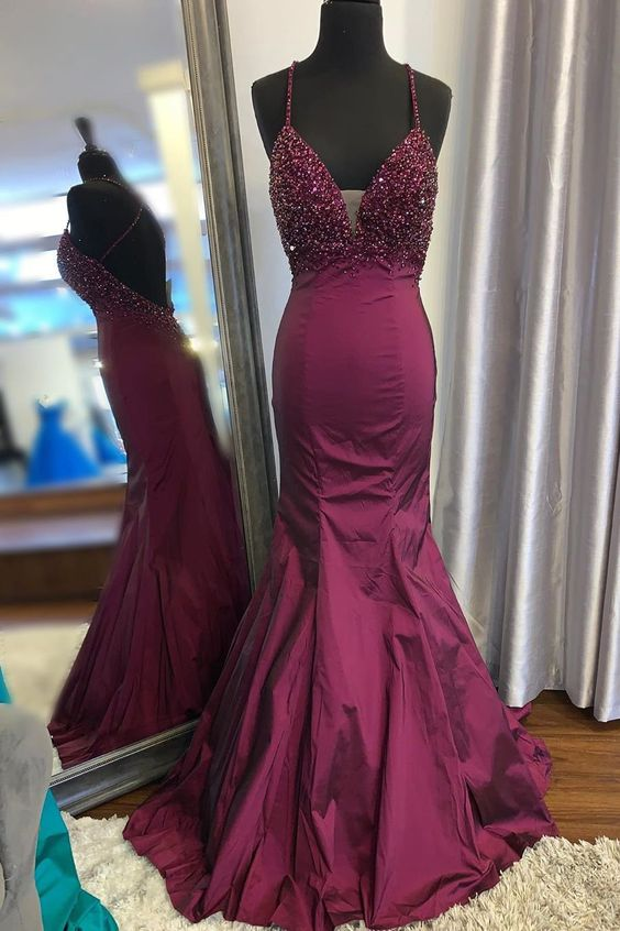 Gorgeous V Neck Mermaid Beaded Dark Purple Long Prom Dress gh2596