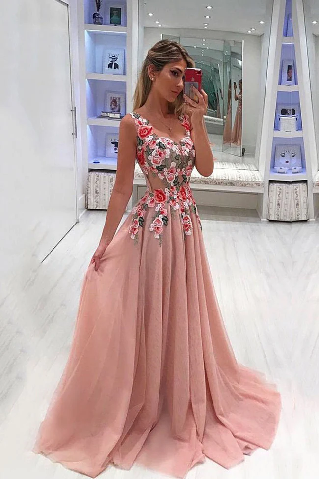 Fashion Blush Pink Durchsichtig Spitze Blumen Abendkleid Formelle Abendgesellschaft Kleider gh2174