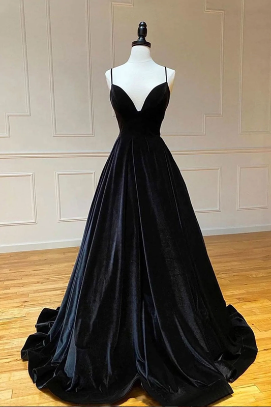 A-Linie V-Ausschnitt Backless Black Velvet Lange Ballkleider, V-Ausschnitt Schwarze Abendkleider, Schwarze Samt-Abendkleider gh2235