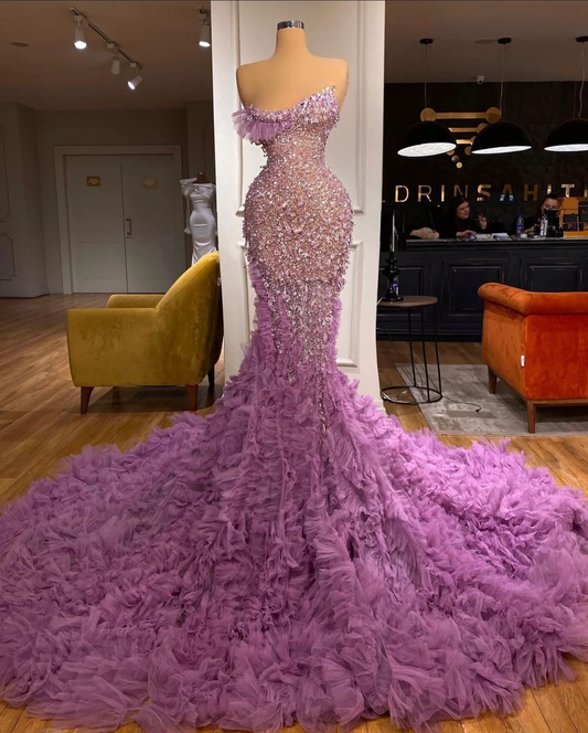 Exquisite luxurious gorgeous lilac and onion color beaded sequin tulle fabric long ball gown evening dress gh2561