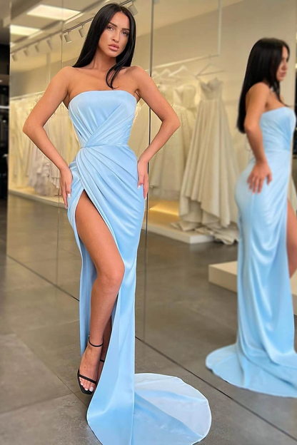 Light Blue Long Mermaid Evening Dress Strapless Split  gh2043