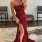 Burgundy Sequin Strapless Mermaid Long Prom Dress gh2088