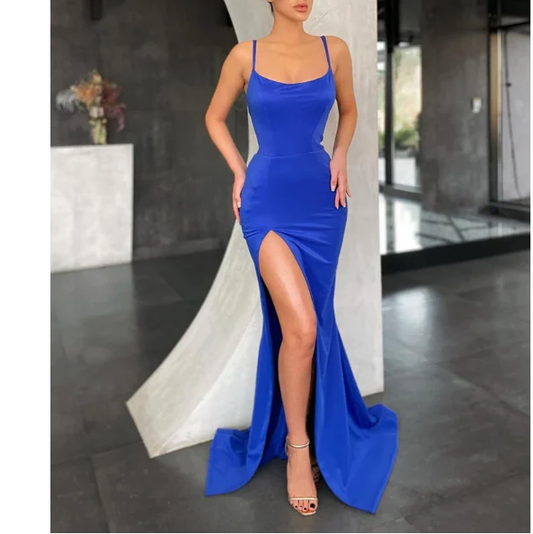 Sexy Royal Blue Elastic Satin Prom Dresses, Side Slit Prom Dresses  gh2094