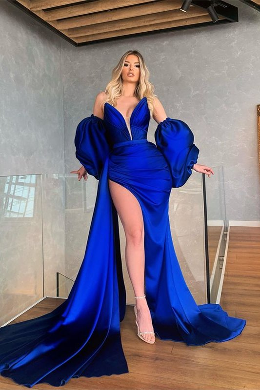 Amazing Royal Blue Removable Sleeves Mermaid Prom Dress With Slit  gh2000