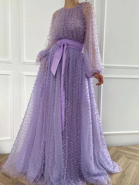 Lila langes Ballkleid aus Tüll mit Rundhalsausschnitt und Perlen, lila Abendkleid gh2150