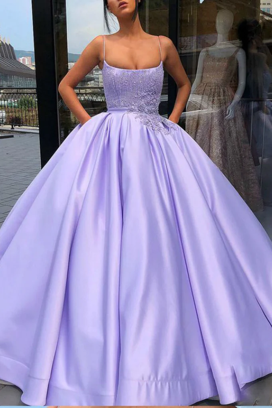 Lila Ballkleid Spaghettiträger Satin Sweet 16 Kleid mit Taschen Quinceanera Kleid gh2217