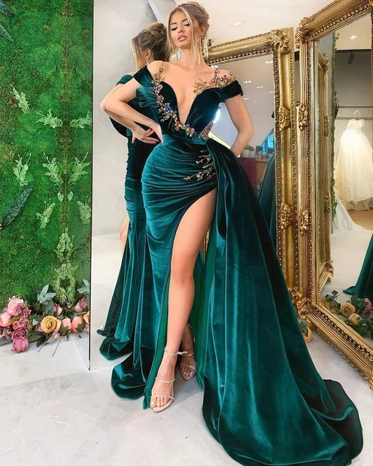 Off The Shoulder Velet Unique Long Prom Dress, With Appliques gh2445