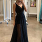 Custom Made A Line V Neck Sparkly Sequins Black Long Prom Dresses,Black V Neck Sequins Long Evening Dresses  gh2100