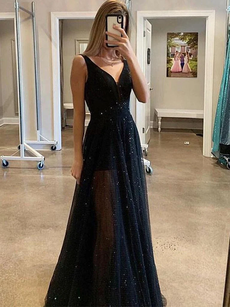Custom Made A Line V Neck Sparkly Sequins Black Long Prom Dresses,Black V Neck Sequins Long Evening Dresses  gh2100