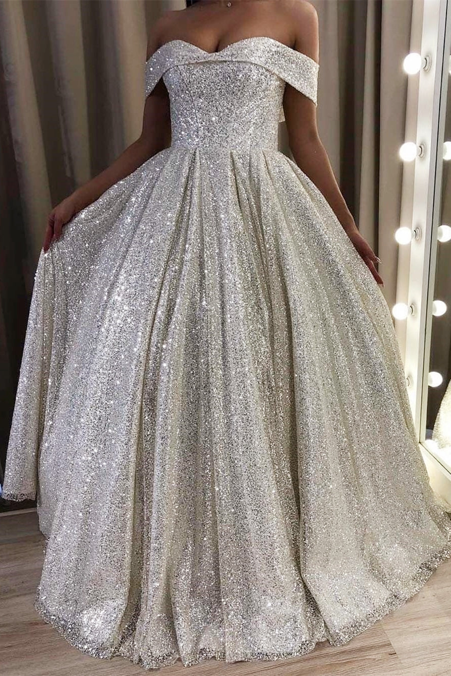 Glitter Off the Shoulder Silver Sequins Evening Dress gh2478