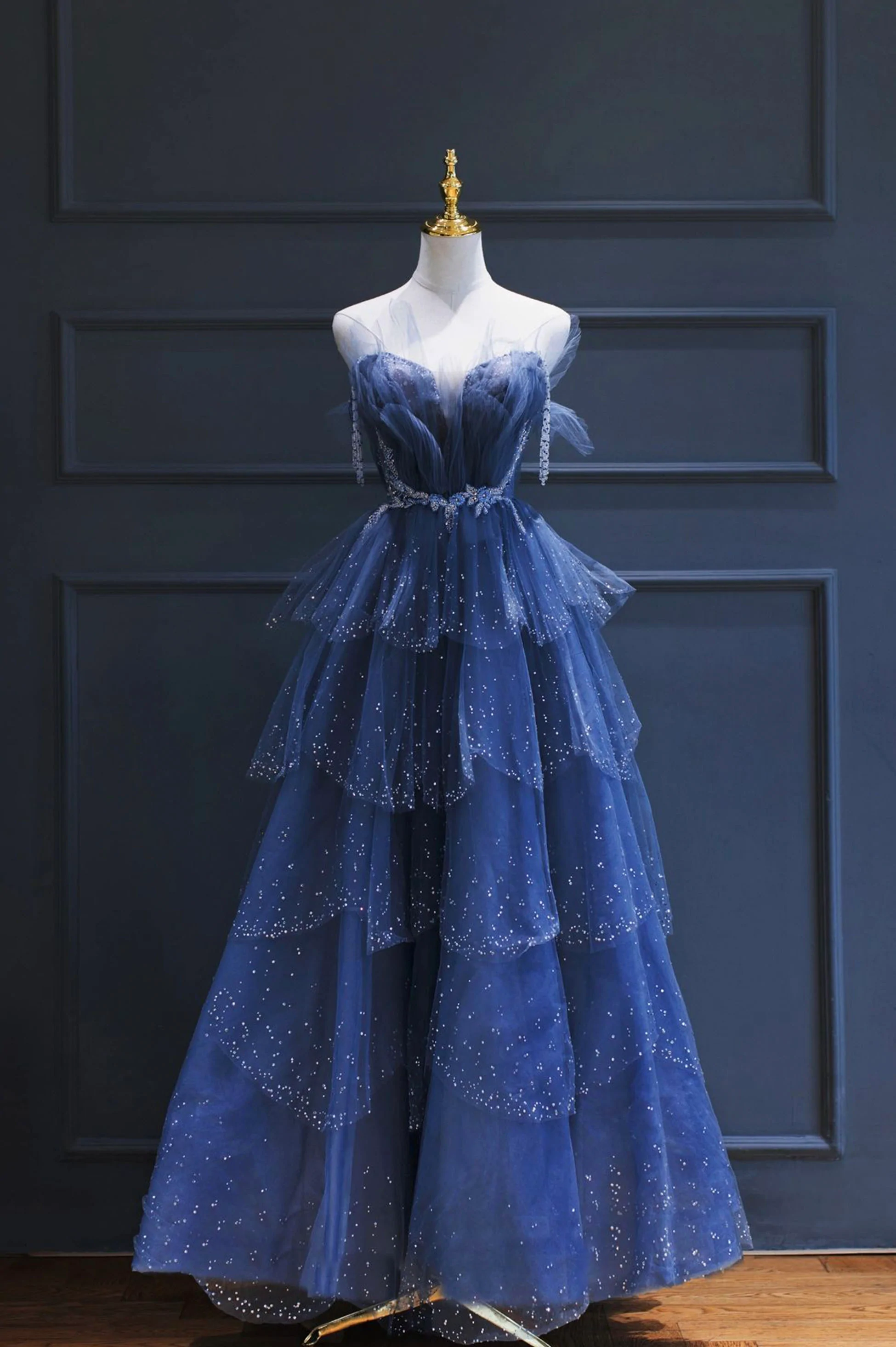Blue Tulle Beaded Long A-line Prom Dress gh2105 – girlhomeshops