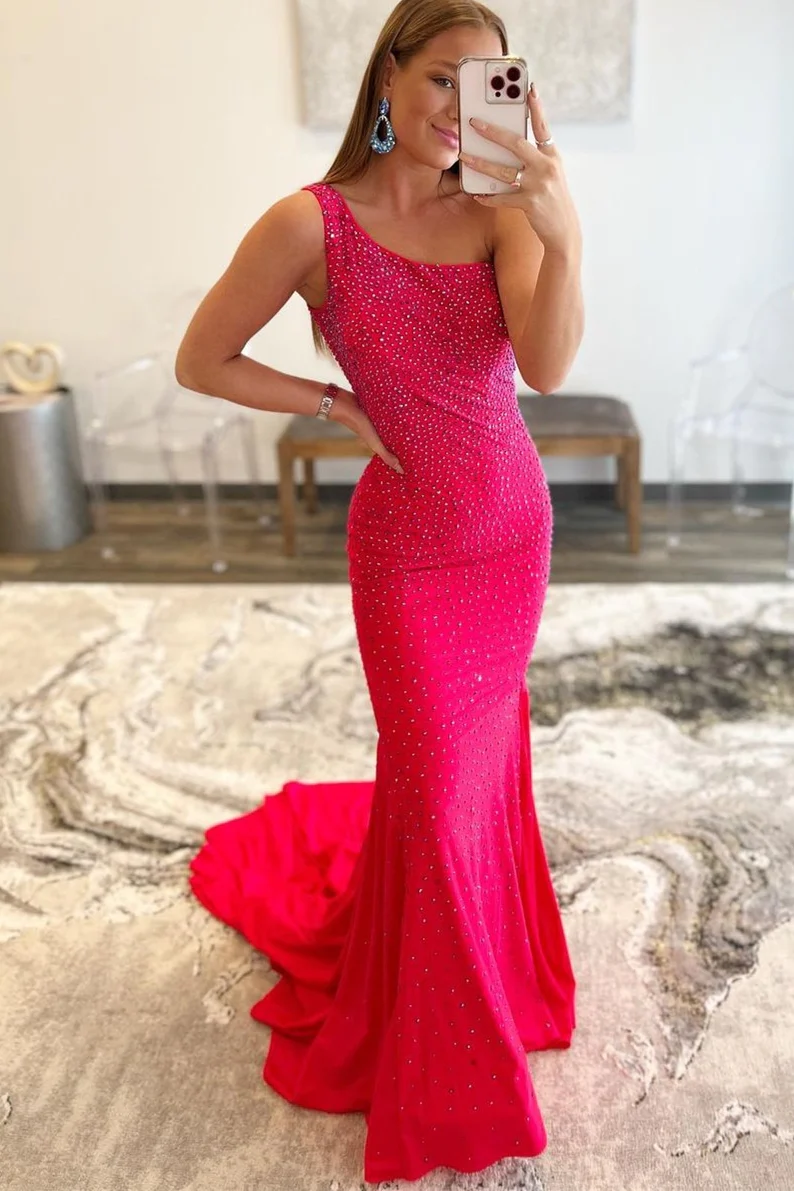 Red One Shoulder Beaded Mermaid Long Prom Dress gh2594