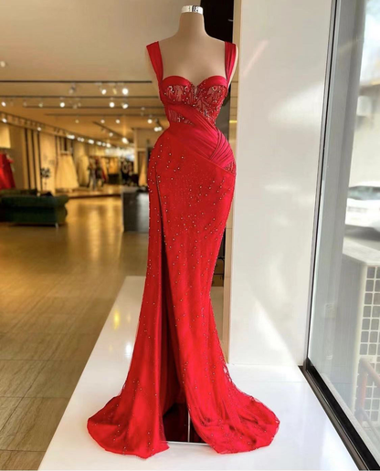 red prom dresses, lace prom dresses, beaded prom dresses, sweetheart prom dresses, side slit prom dresses  gh2380