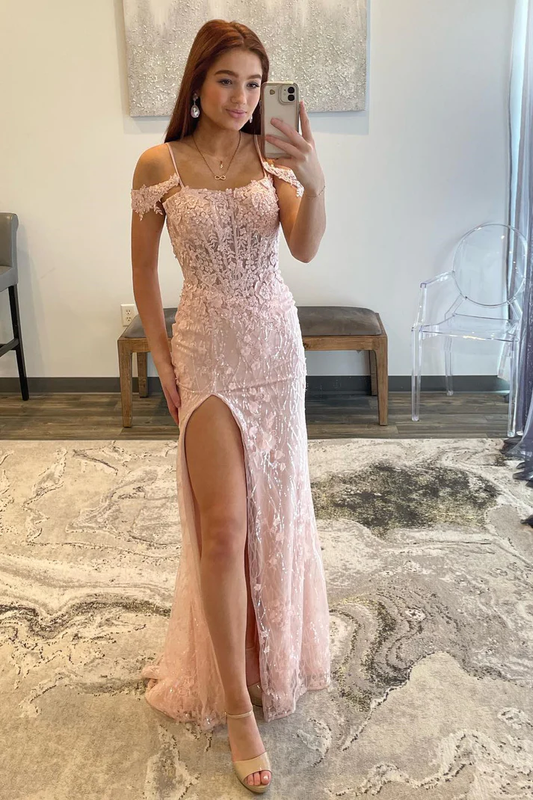 Robe de bal longue rose pâle à épaules dénudées et à appliques avec fente gh2616