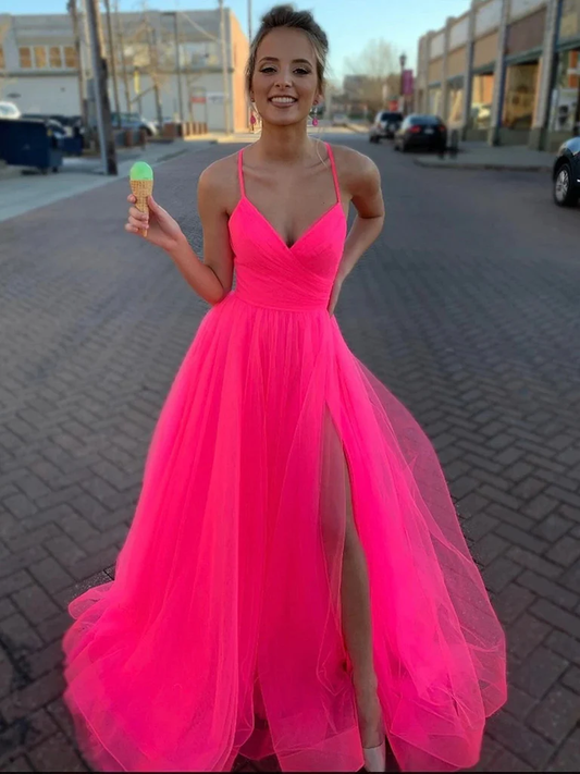 A Line V Neck Hot Pink Tulle Prom Dresses, Hot Pink Tulle Formal Evening Graduation Dressesgh1971