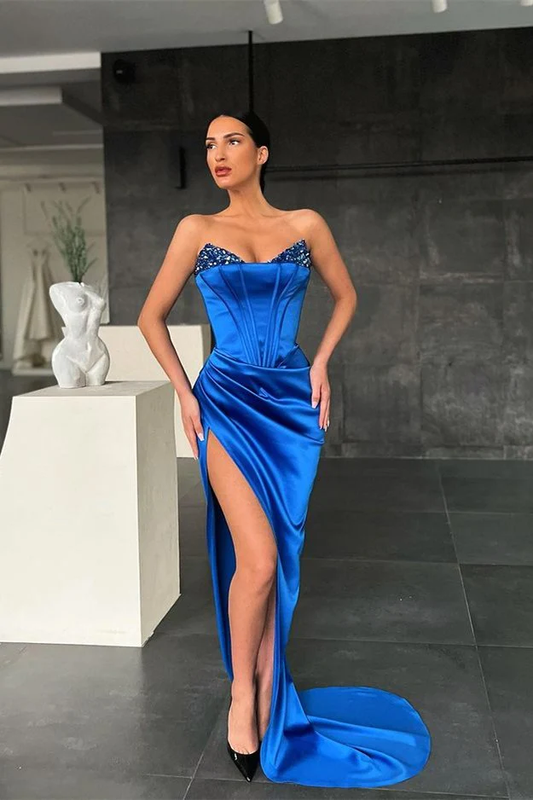 Royal Blue V Neck Mermaid Prom Dress Split With Sequins gh2045