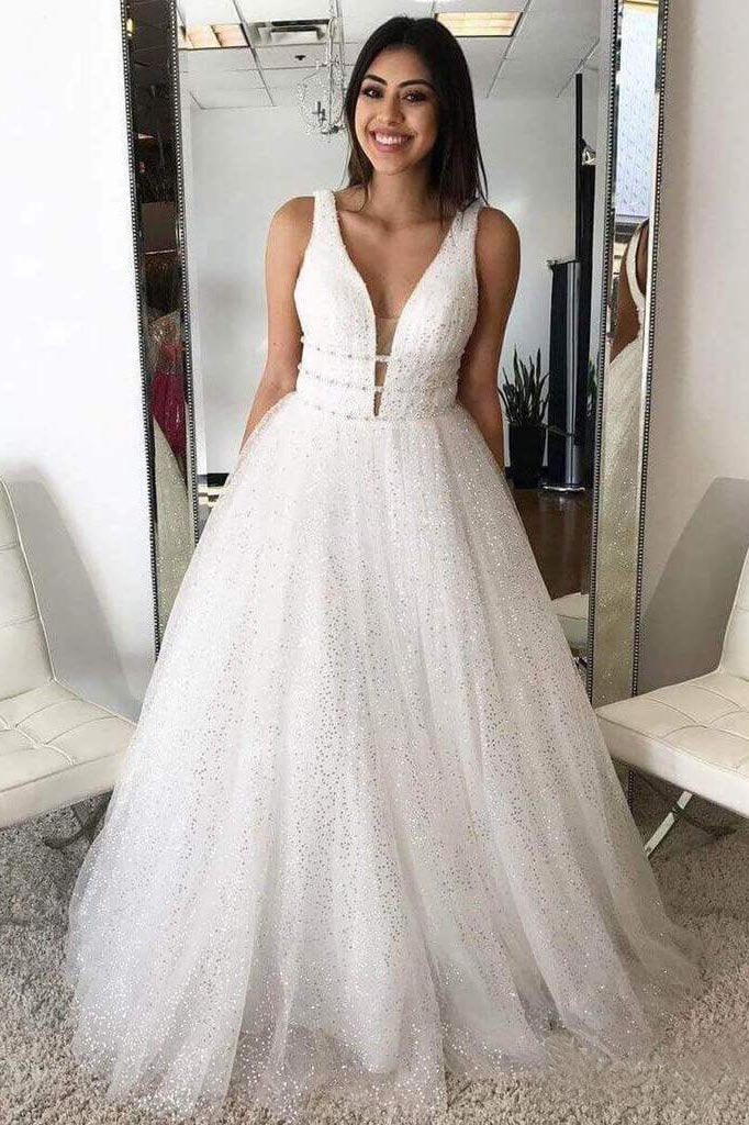A Line Deep V Neck Ball Gown Prom Dresses Open Back White Evening Dresses gh2139