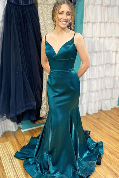 Blue satin long prom dress mermaid evening dress gh2369