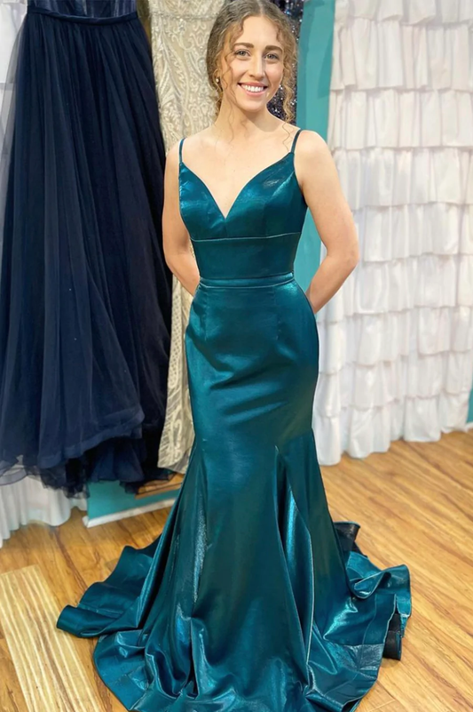 Langes Ballkleid aus blauem Satin, Meerjungfrau-Abendkleid gh2369