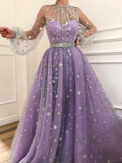 Long Sleeve Prom Dresses High Neck A-line Sparkly Star Lace Lilac Long Prom Dress  gh2108