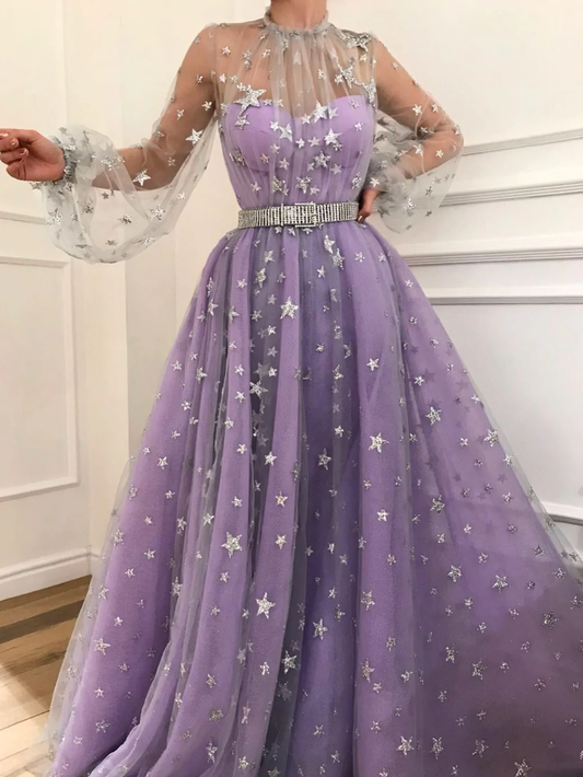 Long Sleeve Prom Dresses High Neck A-line Sparkly Star Lace Lilac Long Prom Dress  gh2108