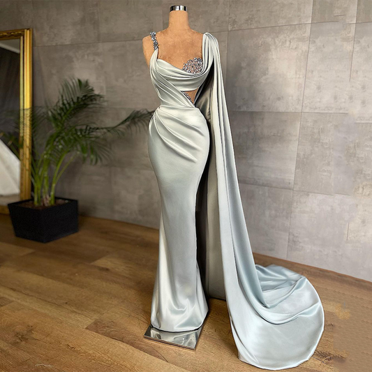 Meerjungfrau Abendkleid Ballkleider Sexy Perlen Steine Falten Satin Formale Partykleider mit langem Schal gh2182