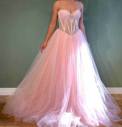 Light Pink A Line Prom Dress,Crustal Beaded Long Evening Dresses  gh2064