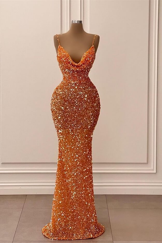 Orange V-Neck Mermaid Spaghetti-Straps Long Prom Dress With Sequins   gh2070