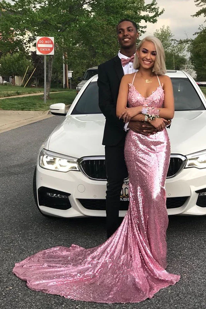 Rose Pink Sequins Halter Prom Dresses gh2598