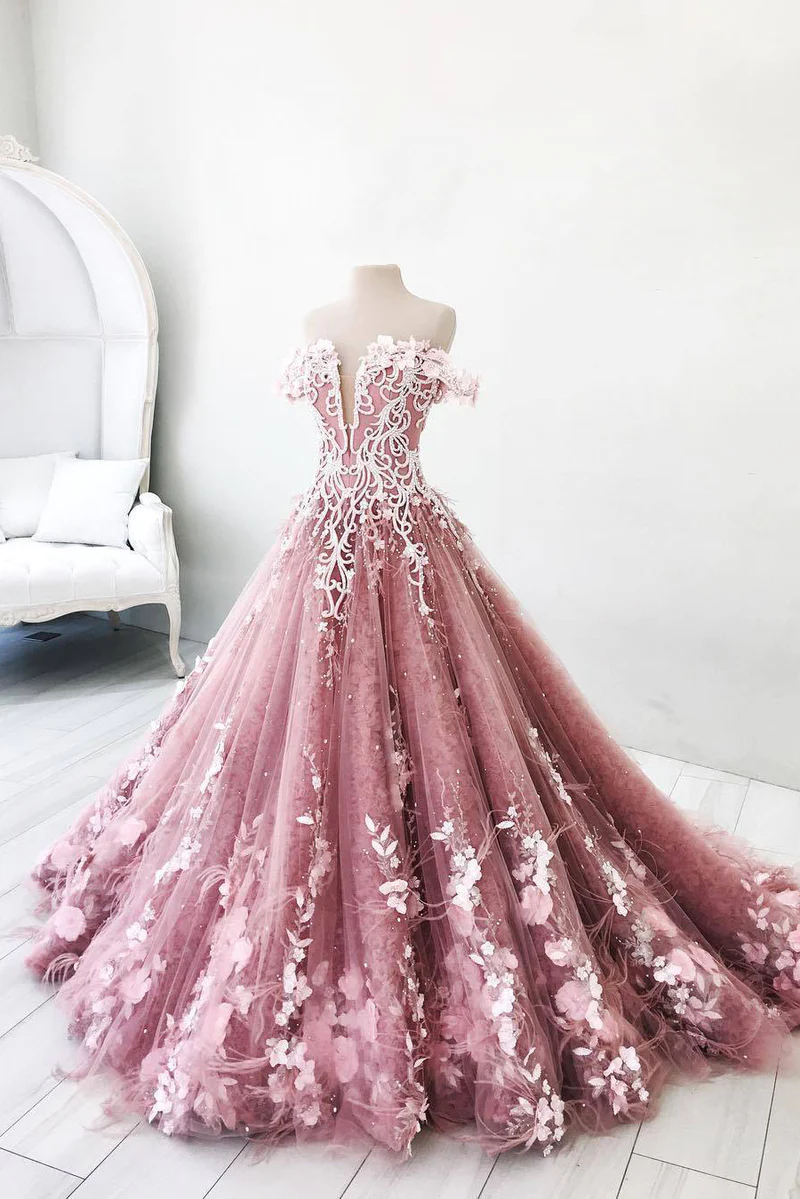 Robe de bal longue en tulle rose unique, robe de soirée en tulle rose gh2315