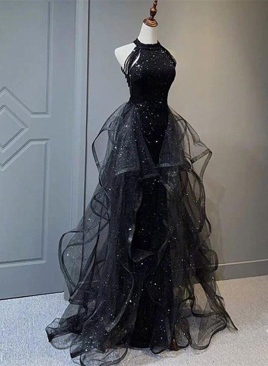 Robe de soirée noire à col haut en tulle brillant et paillettes, robe de bal en tulle noir gh2610