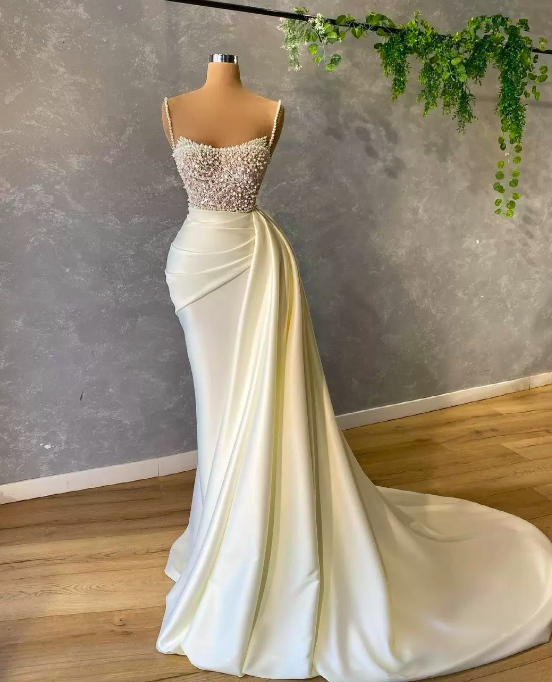 Luxury Pearls Spaghetti Evening Dress Beading Sequins Ruched Prom Gowns Satin Sweep Train Mermaid Party Dresses  gh1912