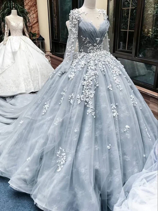 Robe de mariée romantique gris clair à manches longues avec appliques en dentelle florale, robe de bal, robe de soirée gh2092