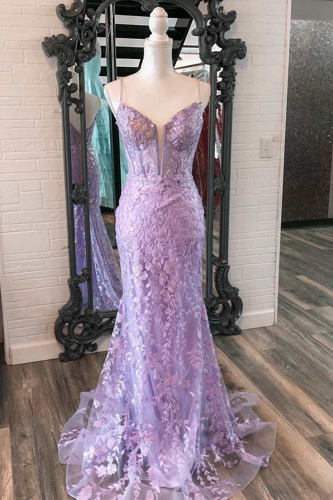 Lavender Floral Appliques Split Neck Mermaid Long Prom Dress gh2595