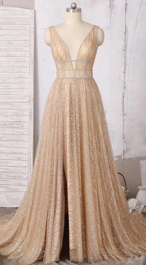 A-line Deep V-neck Sleeveless Sequins Floor-length Prom Dresses, Long Evening Dresses   gh2291