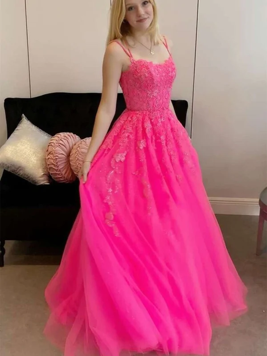 Robe de soirée longue en tulle rose vif avec dos ouvert, robe de soirée formelle en dentelle rose vif gh2605