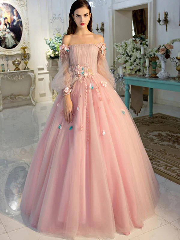 Pink delicate floral applique fairy long sleeves long tulle ball gown evening dress gh2279