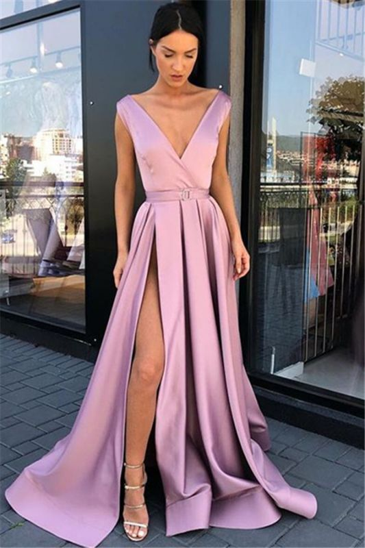 Rosa Träger Seitenschlitz A-Linie Ballkleider | Sexy ärmelloses Abendkleid mit tiefem V-Ausschnitt gh2032