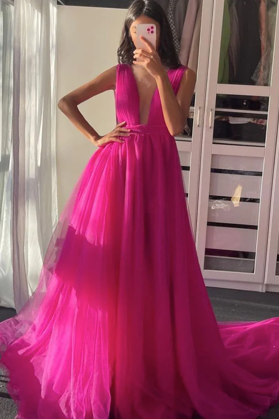 Plum red v neck tulle long prom dress tulle formal dress gh2563