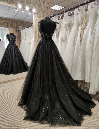 Tulle black applique beaded A-line maxi corset dress party dress off-the-shoulder gown ball gown elegant evening dress gh2106