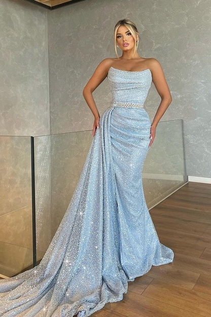 Stunning Strapless Sky Blue Sequins Prom Dress Mermaid With Ruffle  gh1945