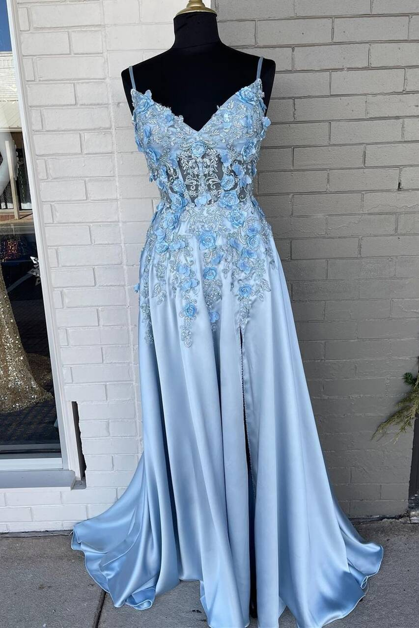 Robe de bal longue en satin bleu clair à fleurs 3D en forme de A gh2304